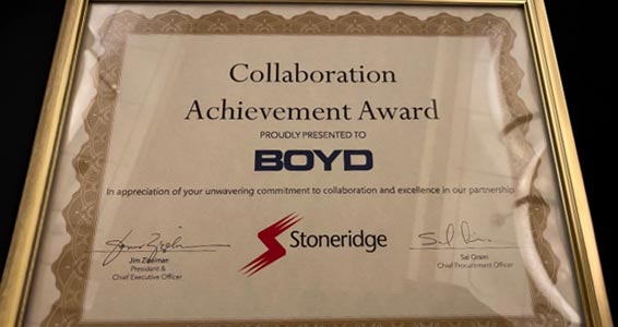 Stoneridge Supplier Collaboration Achievement Award 566x300 1